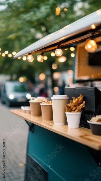 Obraz Vibrant food truck serving assorted snacks and drinks at a busy urban location during evening hours