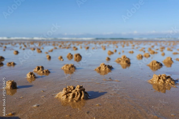 Fototapeta Small, round sand balls created by sand bubbler crabs on a wet beach, with the ocean under a clear blue sky in the background. Lugworms.