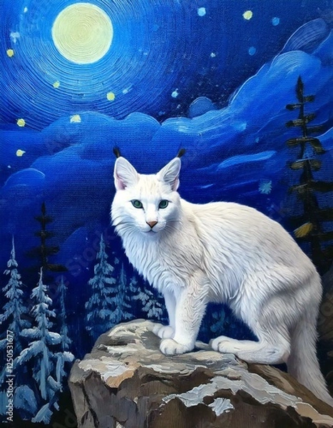 Fototapeta Fierce Albino bobcat in the winter forest on a rocky ledge. At night. Clouds and Starry sky. Blue color palette