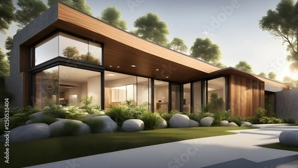 Fototapeta Modern architectural house with large windows and natural landscaping.