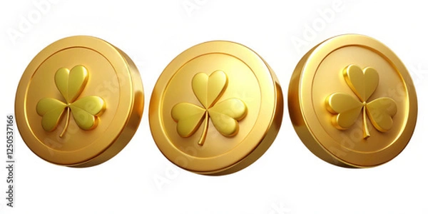 Fototapeta Set of golden coins with four leaf clover. St. Patrick s day symbol. Vector illustration with a white background