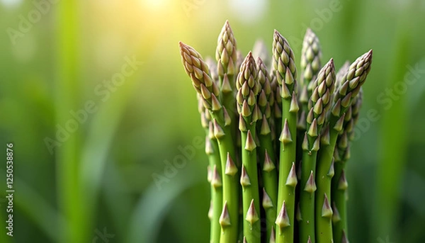 Fototapeta Fresh medicinal asparagus spears growing in a sunny field with soft green background
