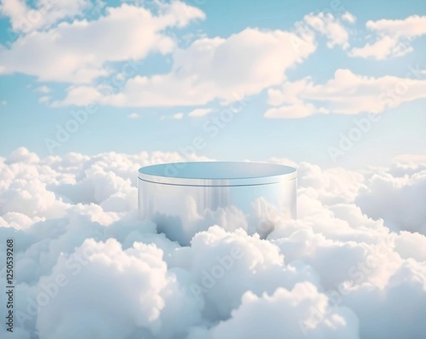 Fototapeta Whimsical 3D render of a cloud podium with a mirrored surface. Dreamy and minimal product display background