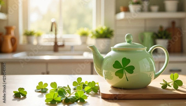 Fototapeta Green teapot with clover leaf on table, sunny kitchen, celebrating St. Patrick's Day
