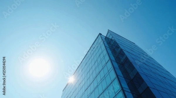 Fototapeta A sleek modern office building with a glass facade reflecting the sky, sharp lines and a professional look, captured on a bright sunny day