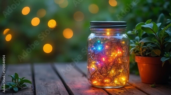 Fototapeta A rustic scene featuring a jar filled with colorful fairy lights, placed on a wooden table surrounded by greenery