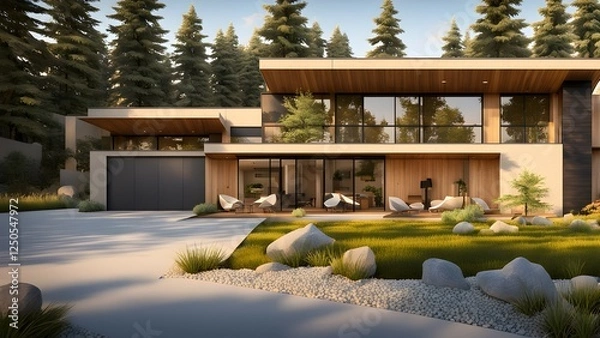 Fototapeta Modern house with large windows and landscaped garden surrounded by trees and rocks.