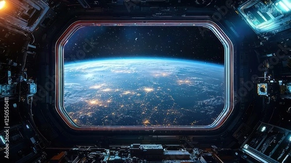 Fototapeta Space Station Window View Of Earth At Night