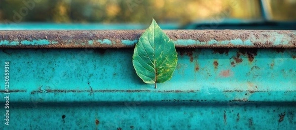 Fototapeta Leaf resting on the rusted edge of a turquoise vintage truck capturing a serene moment in nature and nostalgic automotive charm