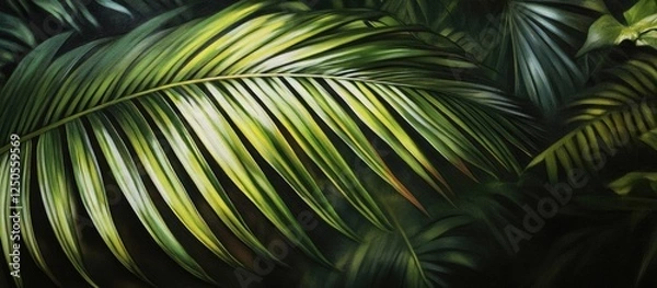 Fototapeta Palm Leaves in Lush Green Environment with Rich Textures and Vibrant Color Following Natural Patterns and Angles.