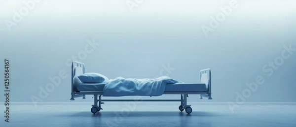 Fototapeta Side view of a tidy patient bed setup in a minimalist hospital room for better care