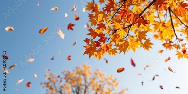 Fototapeta Colorful autumn leaves floating in the sky, creating a vibrant and playful display of nature's beauty, cozy, tranquility