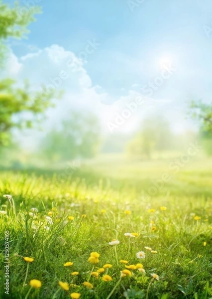 Fototapeta Beautiful blurred spring background with blooming chamomile glade, lush green trees, and a bright blue sky on a sunny day. Perfect for nature, seasonal, and floral themes.