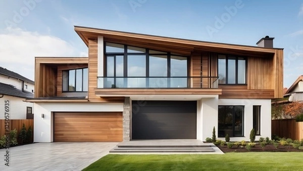 Fototapeta A modern house with huge windows, white walls, and wooden elements, including an attractive garage door on the right side of the image.
