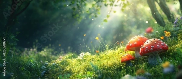 Fototapeta Vibrant mushrooms nestled in lush green grass illuminated by sunlight in a serene forest setting