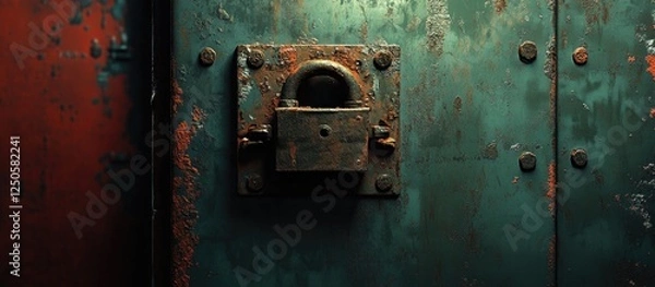 Fototapeta Rusty metal door with vintage padlock showcasing weathered textures and vibrant colors in an industrial setting