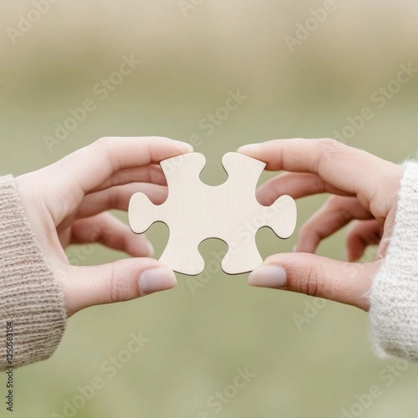 Obraz Modern Minimalism Close-Up of Puzzle Piece Connection in Cozy Knitwear Setting - Team Dynamics and Community Building for Business Collaboration Visuals