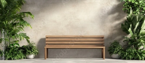 Fototapeta Stylish entryway design with wooden bench greenery and neutral decor offering empty space for text and branding opportunities