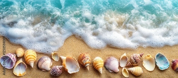 Fototapeta Multicolored river seashells scattered on sandy beach with gentle waves creating a serene coastal background for relaxation and nature themes