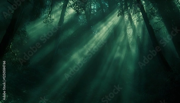 Fototapeta A shadowy forest with dark green treetops and sunlight streaming through in beams