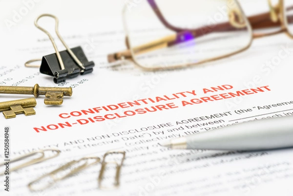 Fototapeta A confidentiality and non-disclosure agreement (NDA) document, relates to topics such as business confidentiality, information security, intellectual property protection, and corporate contracts.