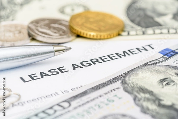 Fototapeta Property rental, leasing contracts, real estate, housing agreements, and property management. A close-up view of a lease agreement document with paperclips, coins, US dollar, and a pen placed on top.
