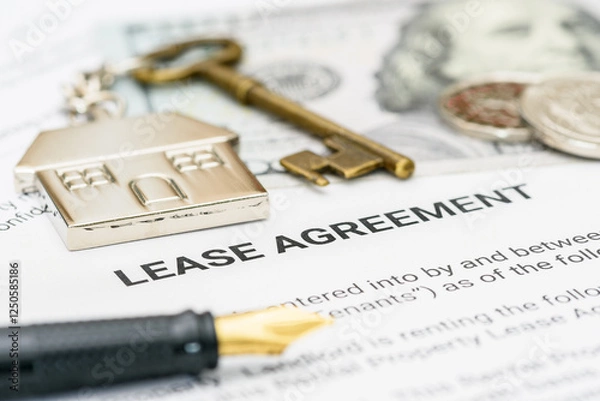 Fototapeta Property rental, leasing contracts, real estate, housing agreements, and property management. A close-up view of a lease agreement document with a house key, coins, US dollar, and a pen placed on top.