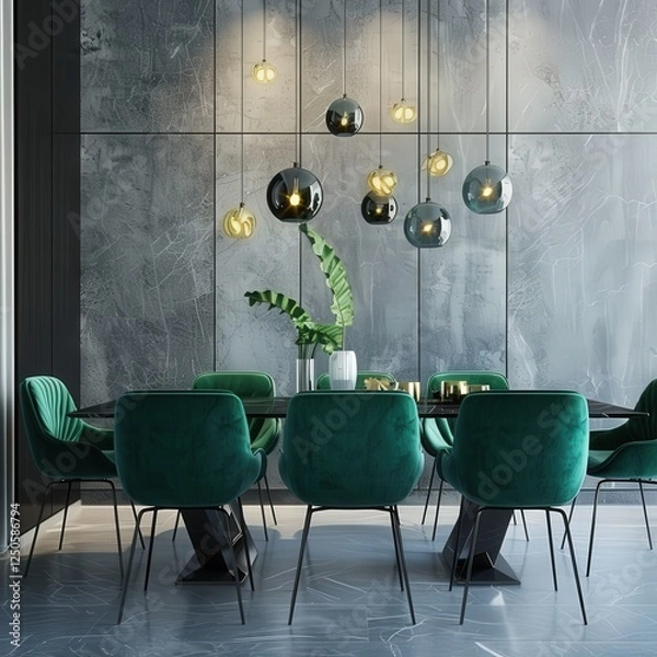 Fototapeta Modern dining room with a black and green color scheme featuring a long rectangular table with dark wood veneer and eight chairs with emerald green velvet upholstery and black metal frames The ceiling