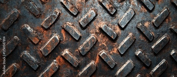 Fototapeta Rusty metal texture with diamond plate pattern in grunge style ideal for industrial backgrounds and design projects.