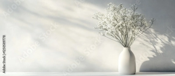Obraz Minimalist White Flower Bouquet in Simple Vase Against Soft Light Background with Blank Space for Text Illustration