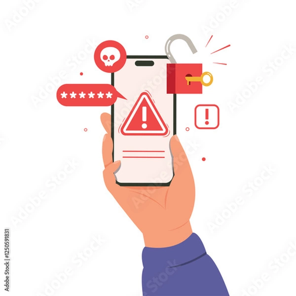 Obraz Hand holding a mobile phone with pin to verify their id and security access. Vector illustration. 