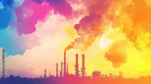 Fototapeta A vibrant sunset scene with colorful smoke billowing from industrial chimneys, highlighting the contrast between nature and pollution.