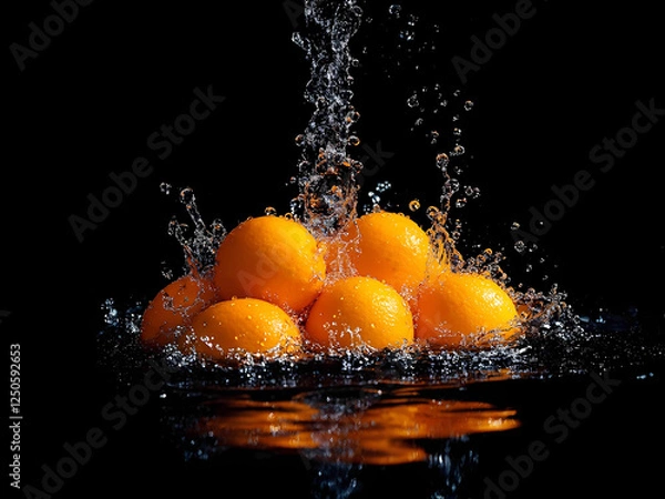 Fototapeta Orange Splash: Juicy oranges submerged in water, with a dynamic splash capturing the freshness and vibrancy of the fruit against a dramatic black background.