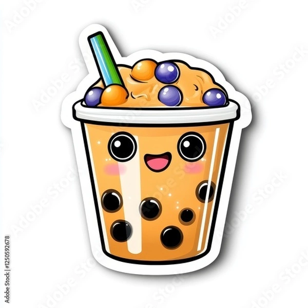 Fototapeta Cute and Colorful Bubble Tea Illustration with Smiling Face