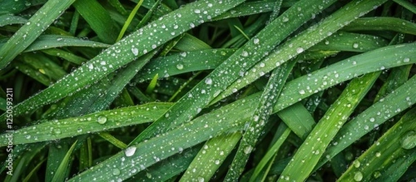 Obraz Lush green grass texture with water droplets creating a fresh and vibrant natural background for various design projects.