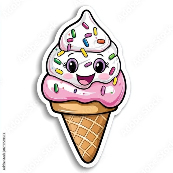 Fototapeta Cute Cartoon Ice Cream Cone with Smiling Face and Colorful Sprinkles