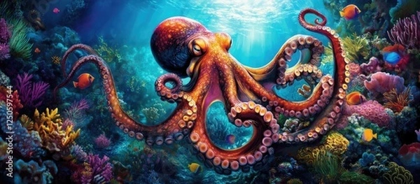 Fototapeta Vibrant underwater scene featuring an octopus gracefully spreading its arms among colorful corals and marine life.