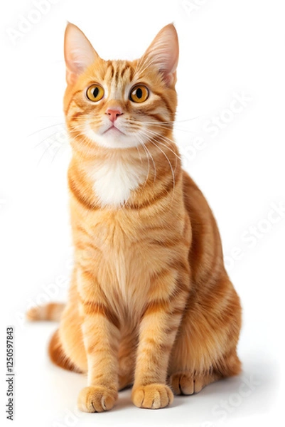 Fototapeta Cute cat with a yellow face sitting on a white background, displaying a friendly and adorable expression.