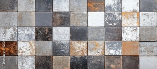 Obraz Vintage rustic patchwork tiles concrete wall texture background with empty space for text in a panoramic view