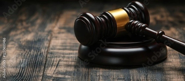 Fototapeta Legal concept of oil and gas regulations with judge's gavel and symbolic fuel pipe on wooden surface for energy law and compliance themes