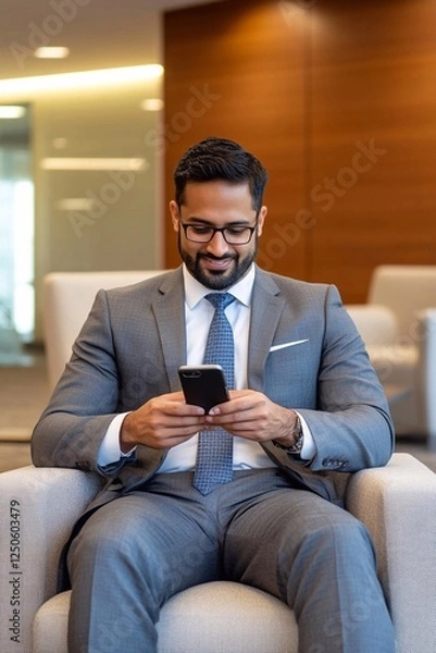 Fototapeta Professional male employee or entrepreneur looking at smartphone working with cellphone in hands. Young happy Indian business man using mobile phone sitting in corporate office.