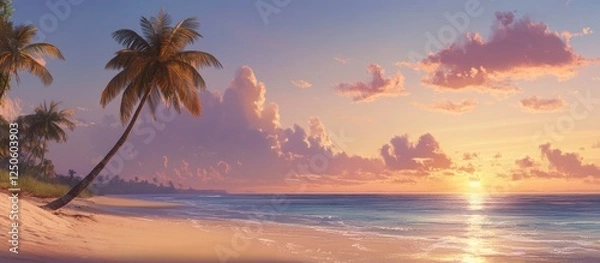 Fototapeta Tropical beach sunset with palm trees and serene ocean waves creating a tranquil coastal paradise atmosphere