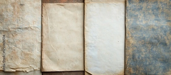 Fototapeta Vintage paper and textile textures collection for backgrounds and design featuring aged pages and canvas surfaces ideal for retro aesthetics.