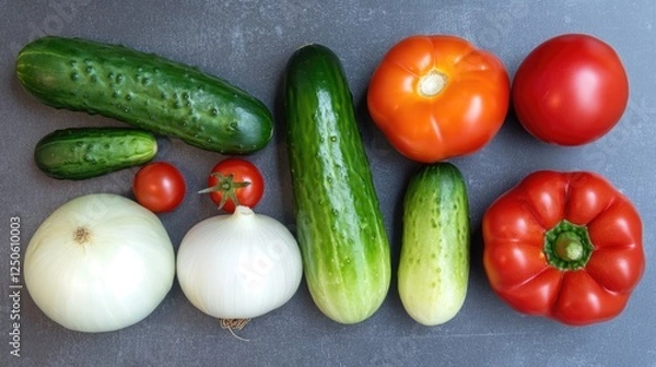 Fototapeta Overhead view of colorful fresh summer vegetables arranged on a gray kitchen countertop including cucumbers onions tomatoes and peppers