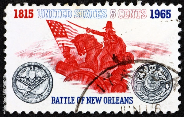 Fototapeta Postage stamp USA 1965 General Andrew Jackson and sesquicentennial medal, Battle of New Orleans, Chalmette Plantation, 1815