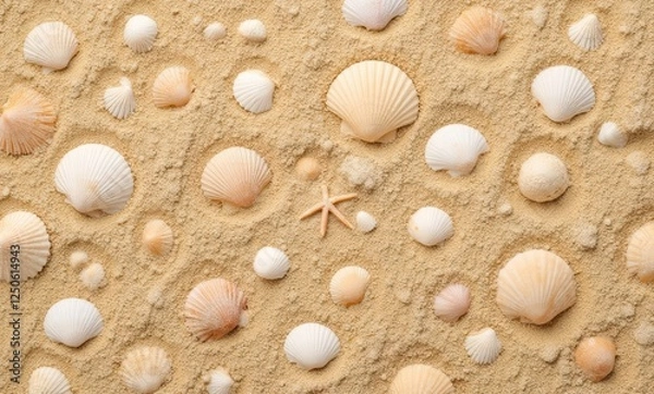 Fototapeta Foreground of shells on sandy beach