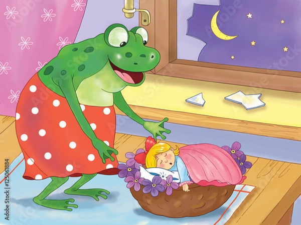 Fototapeta Thumbelina. Fairy tale. A cute tiny girl is sleeping in her bed made of nutshell and a huge ugly frog is looking at her. Illustration for children. Cartoon character