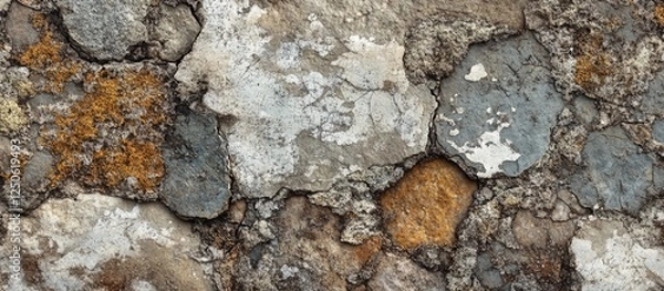 Fototapeta Textured old stone wall background featuring weathered stones and moss, ideal for design projects and artistic applications.