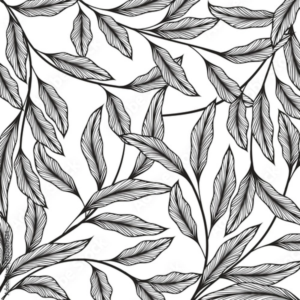 Obraz Seamless Background with leaves. Black and white vector illustration