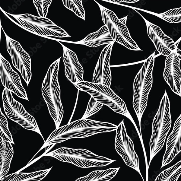 Obraz Seamless Background with leaves. Black and white vector illustration